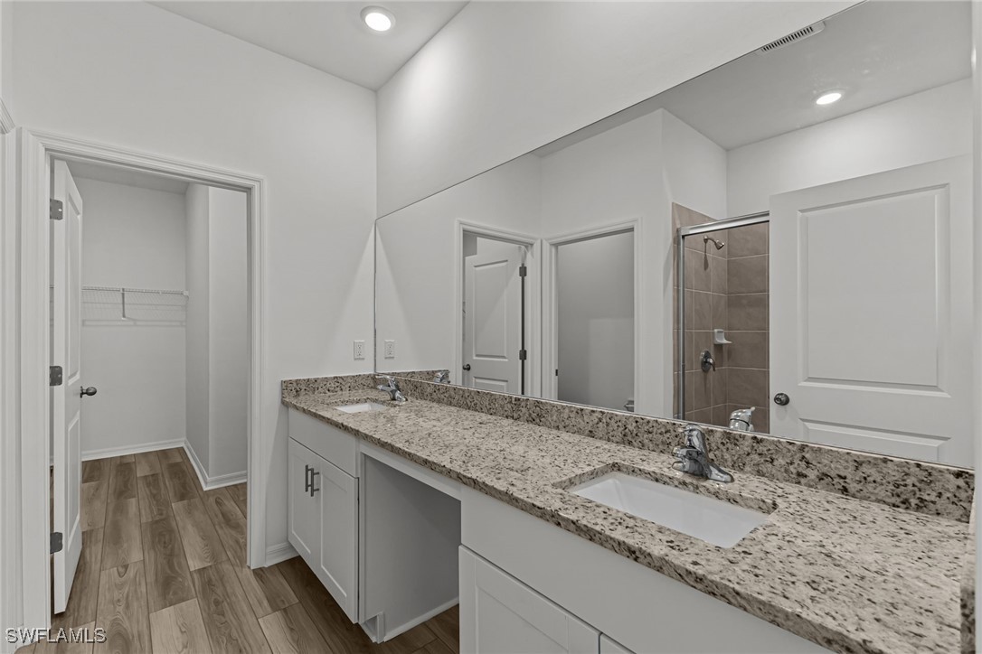 43153 Wild Indigo Road, Unit DOGWOOD Babcock Ranch, FL 33982 - Photo 10 of 20 a bathroom with a granite countertop sink and a mirror