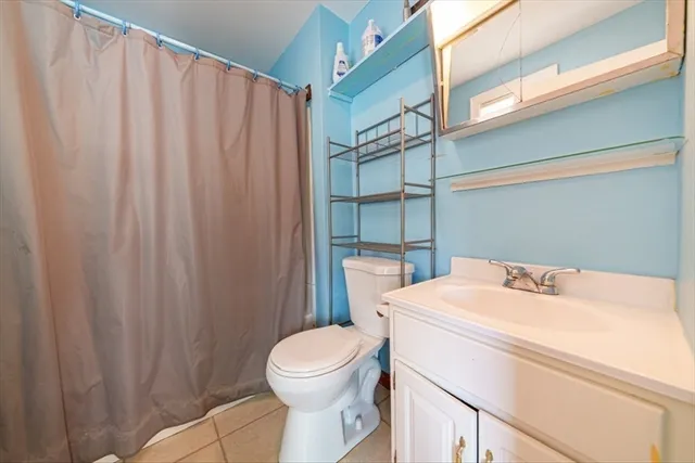 a bathroom with a sink a toilet and shower curtain