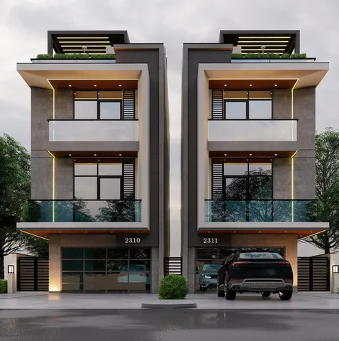 a front view of a house with a yard and balcony