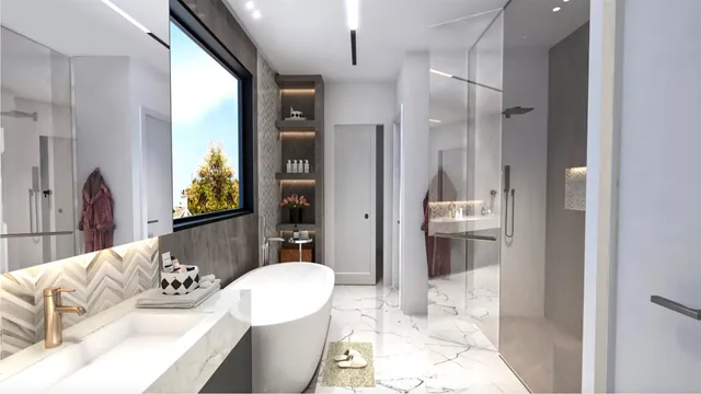 a living room with furniture and a bathroom