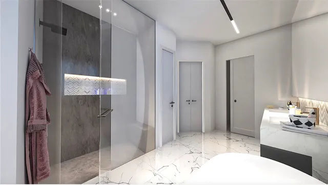 a bathroom with a bathtub and a sink