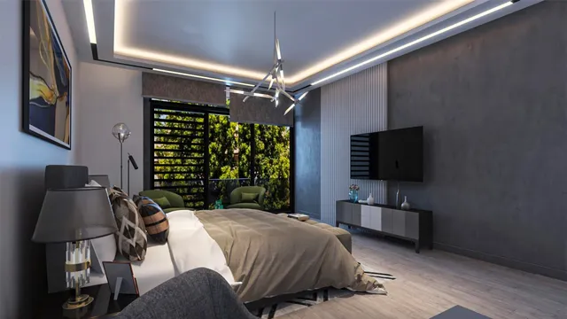 a spacious bedroom with a bed and a flat screen tv