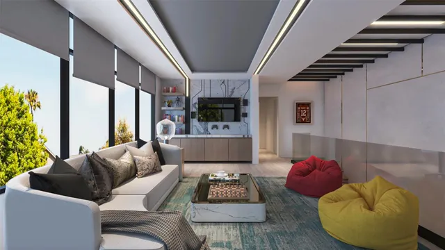 a living room with furniture and a fireplace