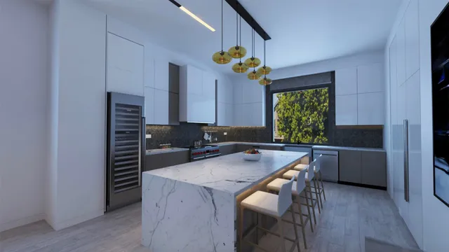 a kitchen with a table chairs and a window