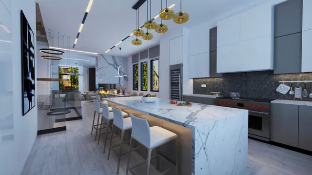 a kitchen with granite countertop lots of counter top space