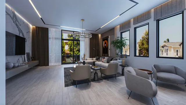 a living room with furniture and large windows