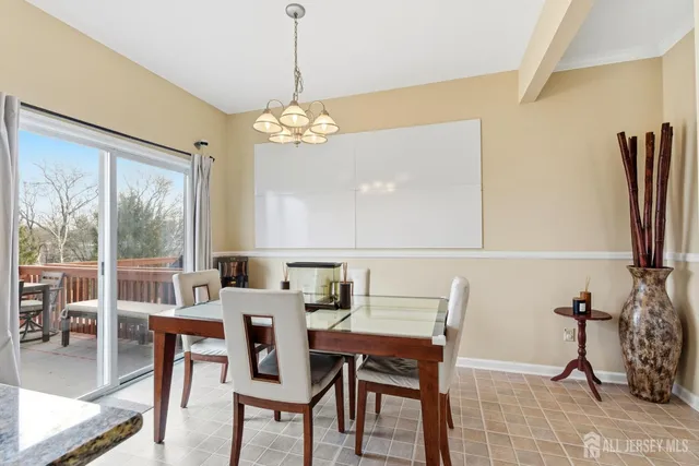 a view of a dining room with furniture window and outside view