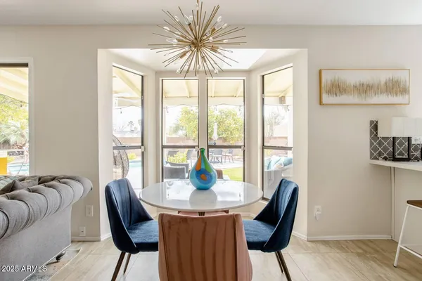 a view of a dining room with furniture window and outside view