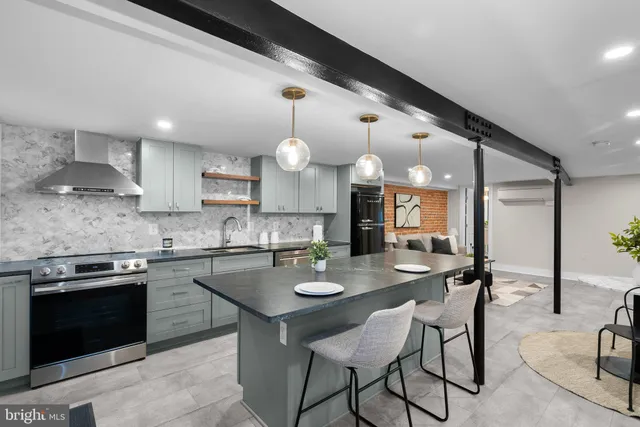 a view of a brick building with many windows