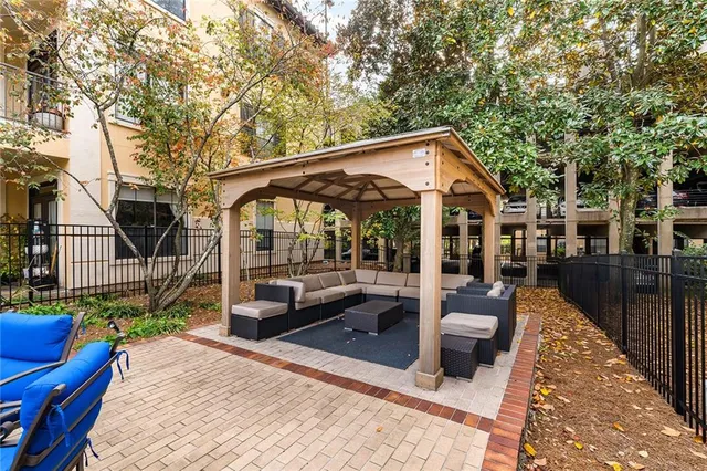 a building outdoor space with patio furniture