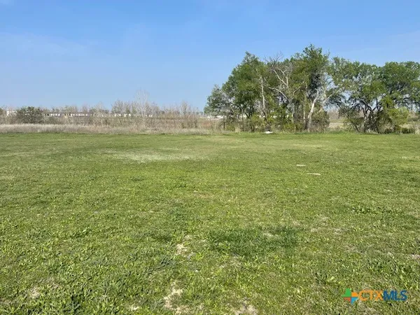 a view of a field with an trees in the background