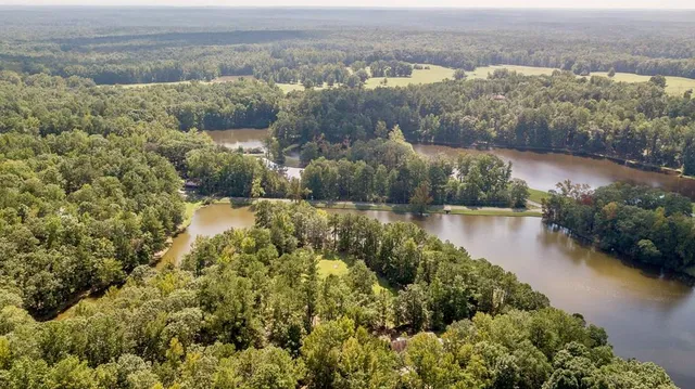 an aerial view of residential houses with outdoor space and lake view