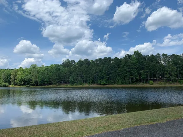 a view of a lake with a yard