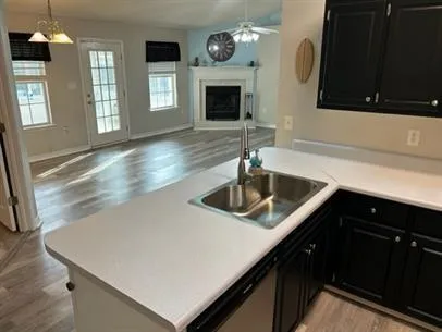 a kitchen with a sink a stove and cabinets