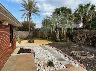 a view of a backyard with potted plants and large tree