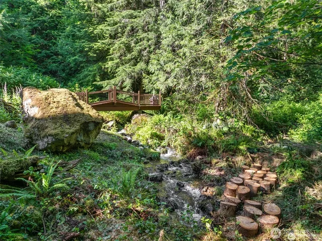a view of a house with a lush green forest