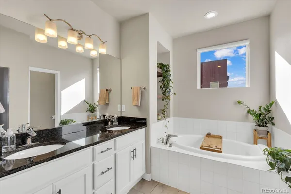 a bathroom with a tub a sink and a mirror