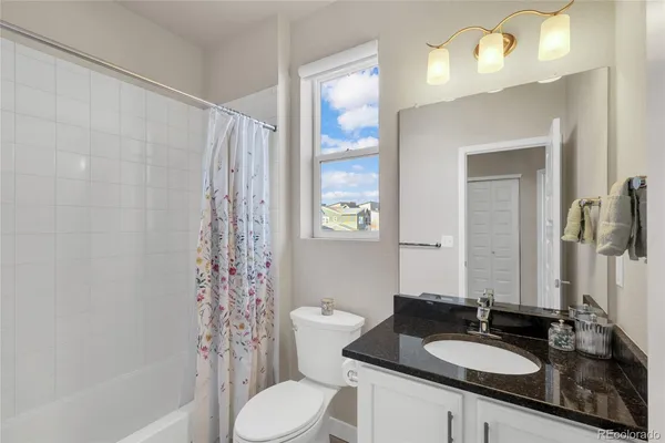 a bathroom with a granite countertop sink toilet and shower