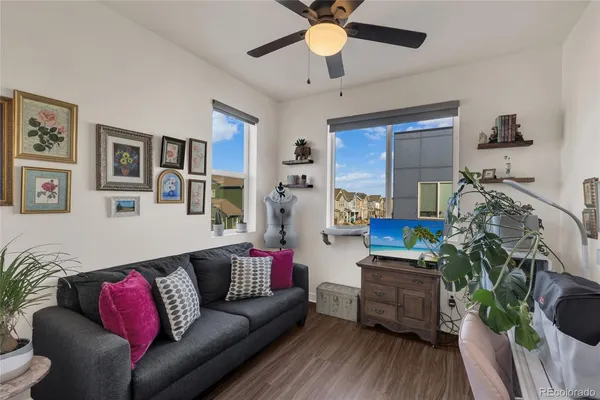a living room with furniture and a potted plant