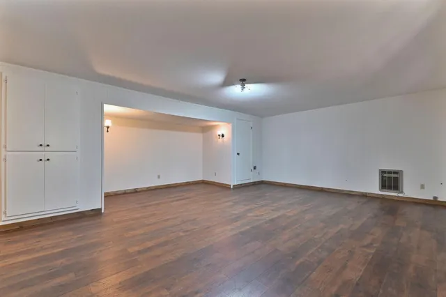 a view of a yard with plants and large trees