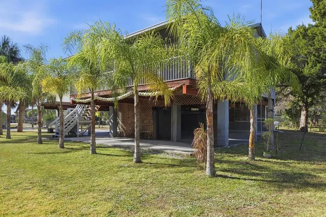a view of a yard with large trees