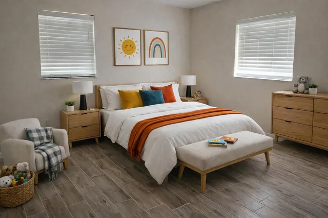 a bedroom with a bed and a dresser