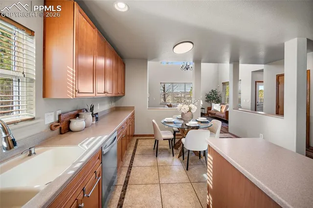 a kitchen with a sink a counter and cabinets
