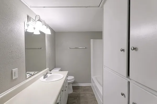 a bathroom with a sink a toilet and shower