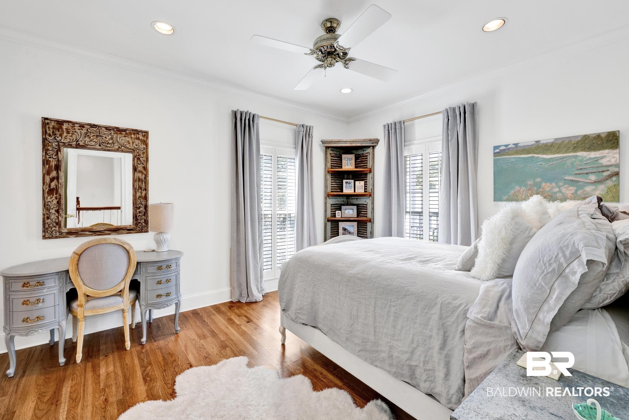 4 Savannah Court Mobile, AL 36608 - Photo 20 of 32 Bedroom with ornamental molding, wood finished floors, ceiling fan, and recessed lighting