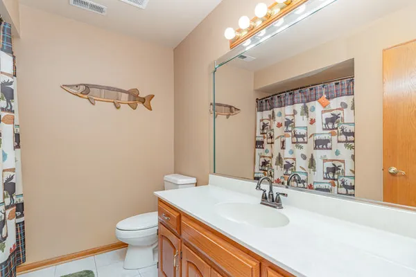 a bathroom with a sink a toilet and shower curtain