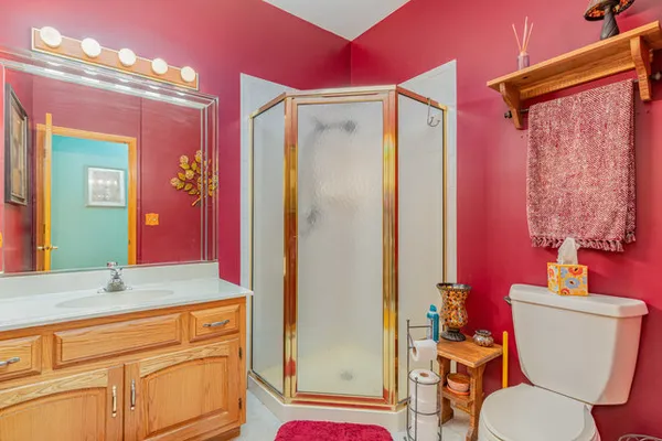 a bathroom with a sink a toilet a mirror and shower