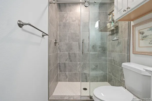 a bathroom with a toilet and a shower