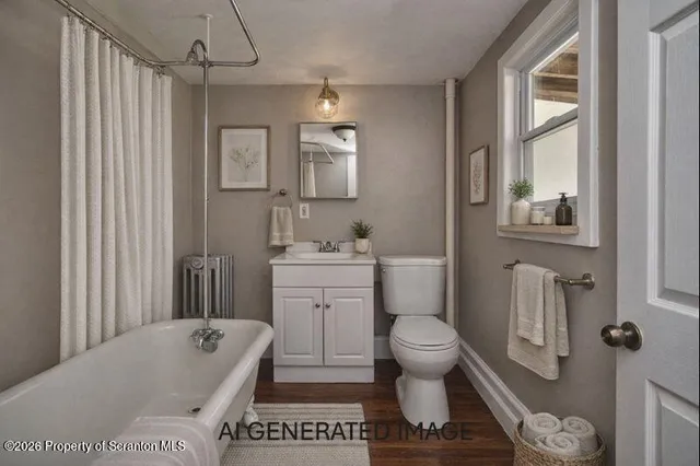 a bathroom with a tub sink mirror and toilet