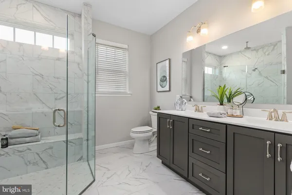 a bathroom with a double vanity sink mirror and toilet