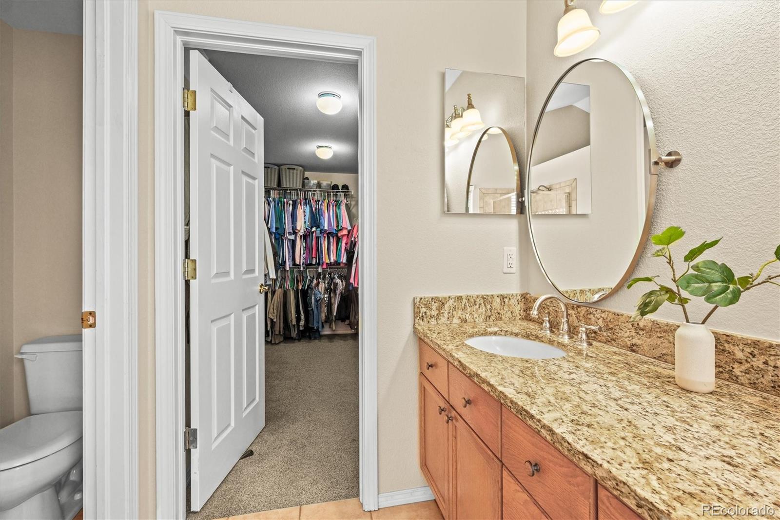 3115 White Oak Lane Highlands Ranch, CO 80129 - Photo 17 of 43 a bathroom with a granite countertop sink and a mirror