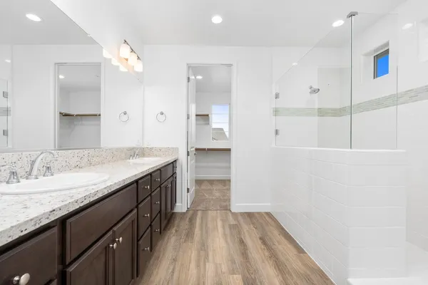 a bathroom with a sink a mirror and a shower
