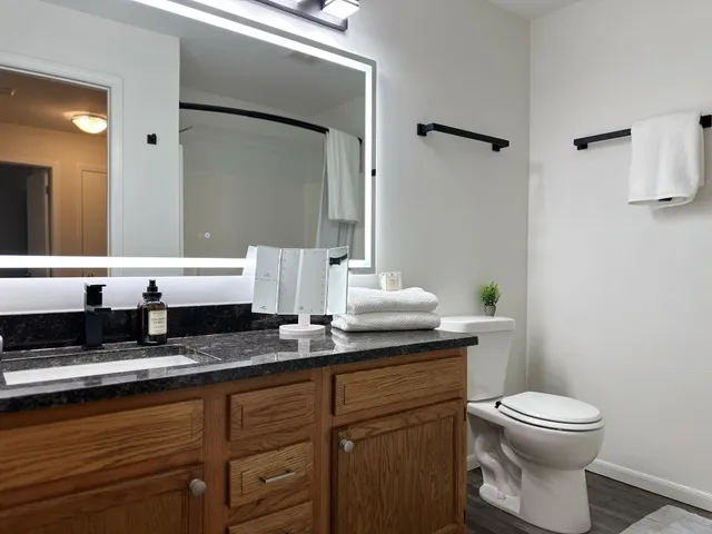 a bathroom with a granite countertop toilet sink and mirror