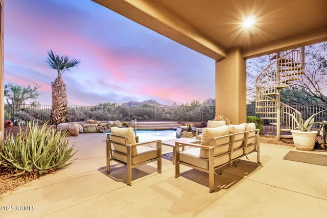 a building outdoor space with patio furniture