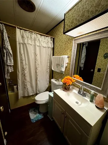 a bathroom with a sink vanity mirror and toilet
