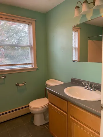 a bathroom with a sink a toilet and a mirror