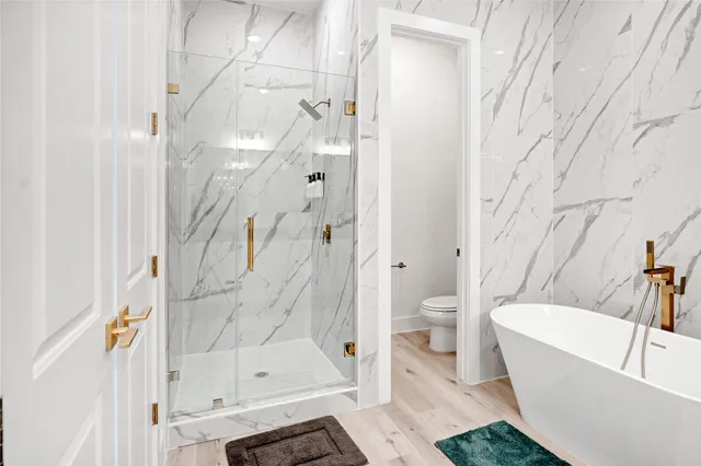 a bathroom with a bathtub and a toilet