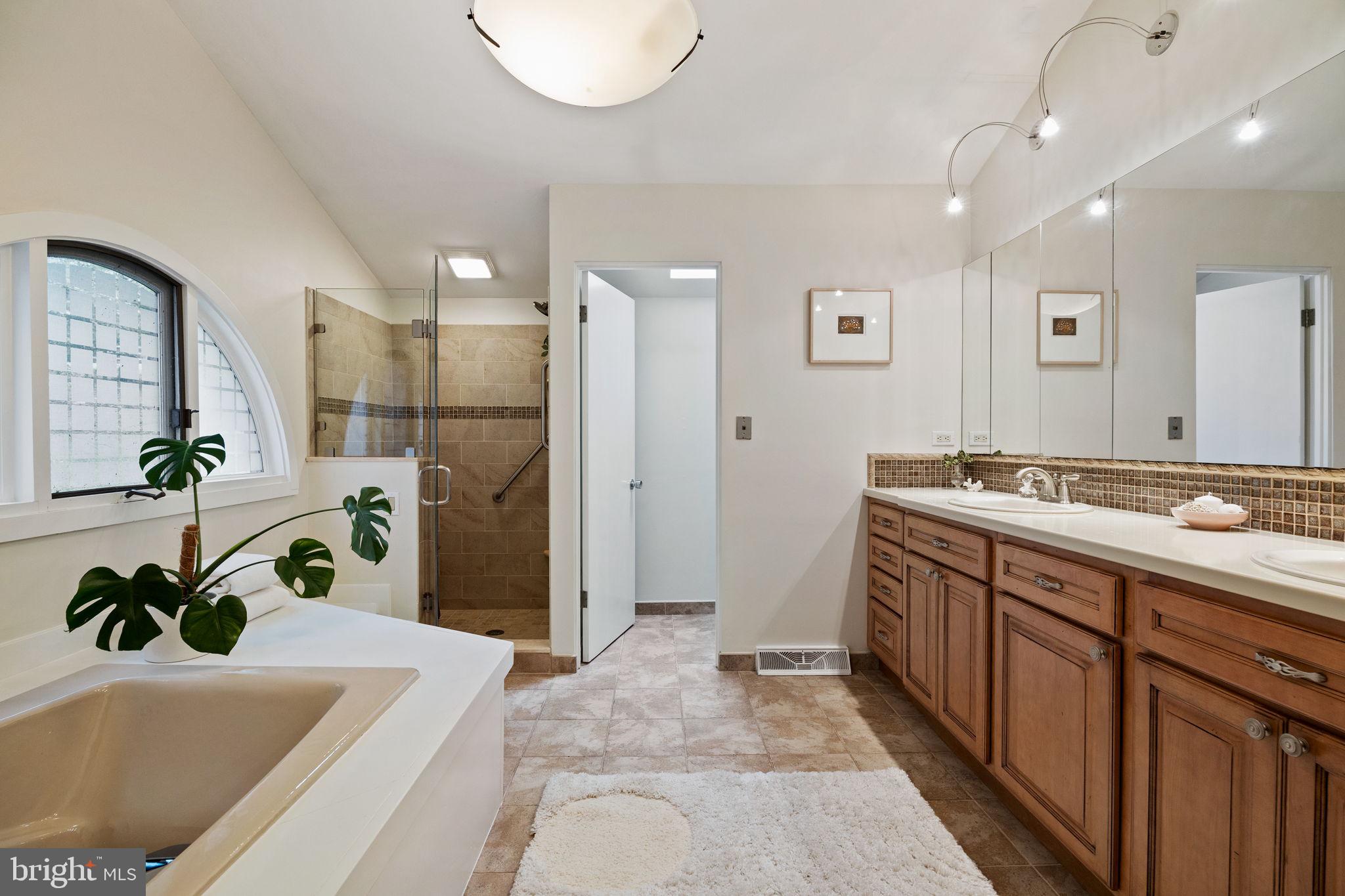 175 Old Gulph Road Wynnewood, PA 19096 - Photo 64 of 87 a spacious bathroom with a double vanity sink a large mirror and a shower
