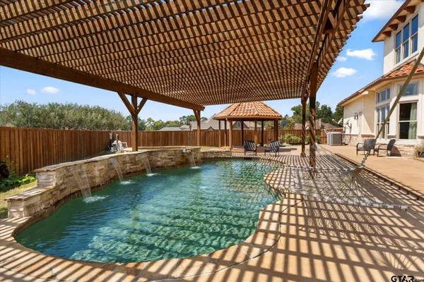 a view of swimming pool with outdoor seating