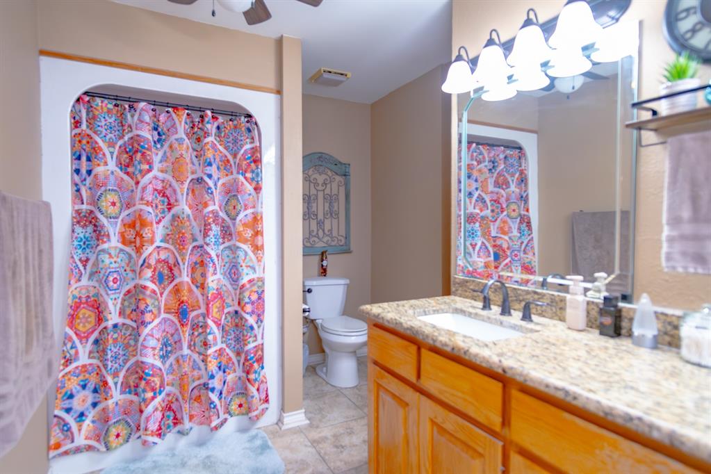 733 Ridgeview Drive Sherman, TX 75090 - Photo 23 of 40 a bathroom with a granite countertop sink a mirror and a shower curtain