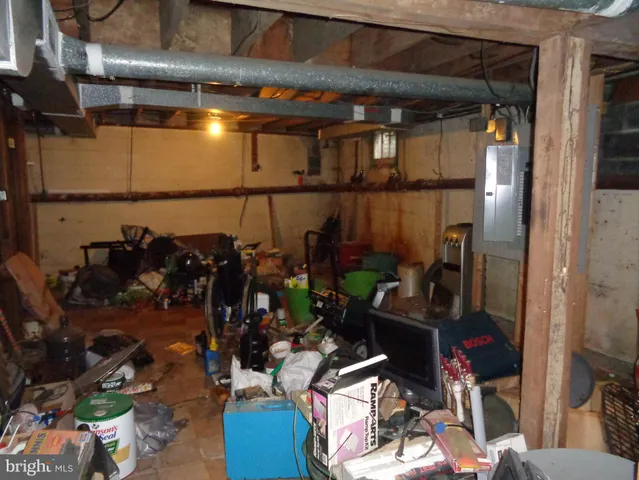 a storage room with wooden furniture