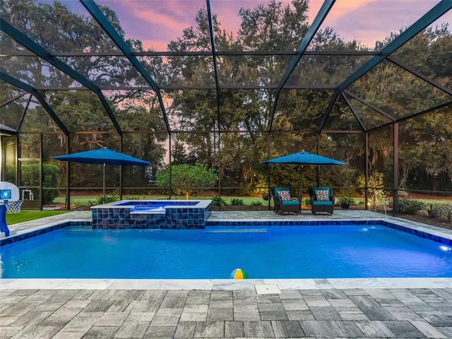 a view of a swimming pool with a table and chairs under an umbrella