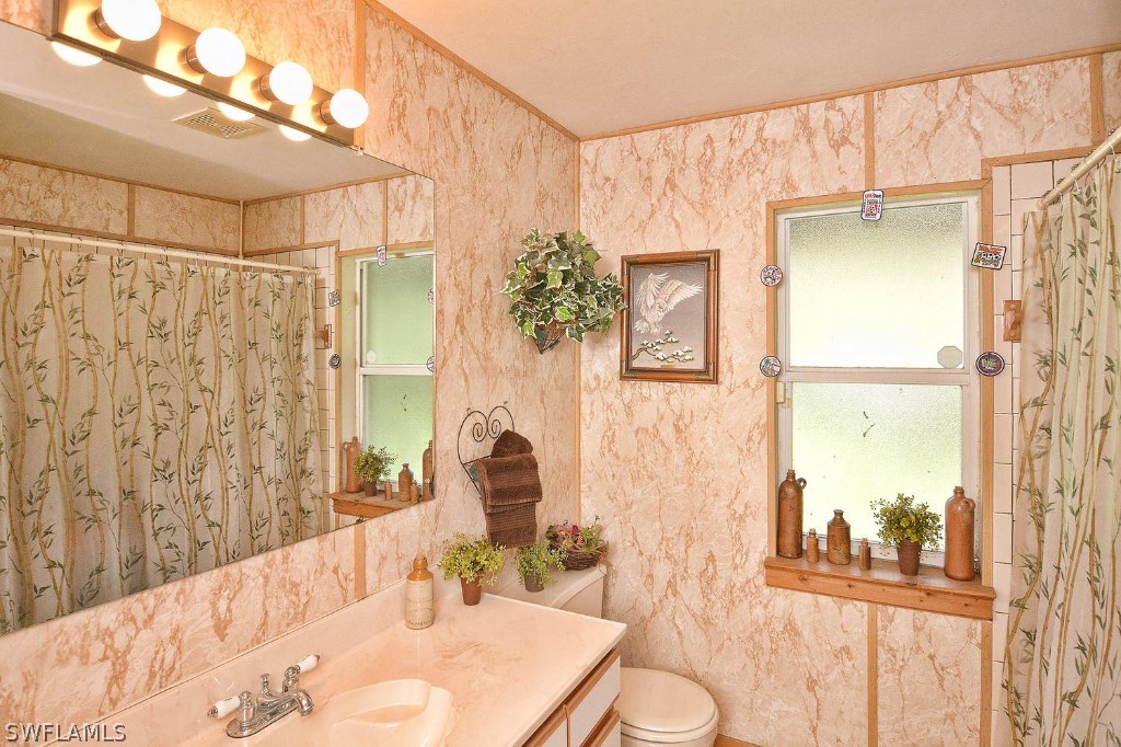 19561 North River Road Alva, FL 33920 - Photo 15 of 25 a bathroom with a granite countertop sink a mirror and a shower