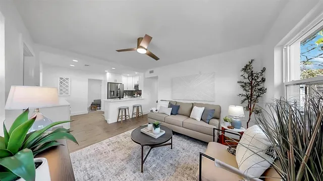 a living room with furniture and a potted plant