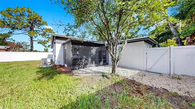 a view of a backyard with a tree