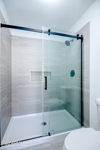 a bathroom with a shower and a toilet